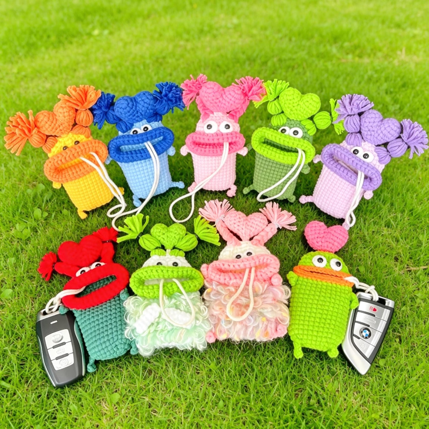 Handmade Crochet Car Key Holder Cute Cartoon Key Cover,Knitted Sausage Mouth Key Pouch,Funny Amigurumi Key Case, Car Key Protector Bag Charm