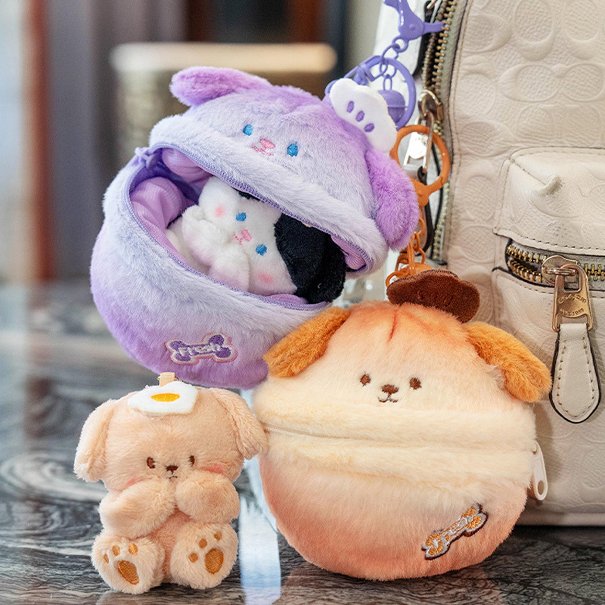 Cute Bunny Plush Keychain, Puppy & Kitty Stuffed Toy Bag Charm, Kawaii Animal Plush Key Ring, Backpack Pendant Set, Cute Plush Doll Keychain
