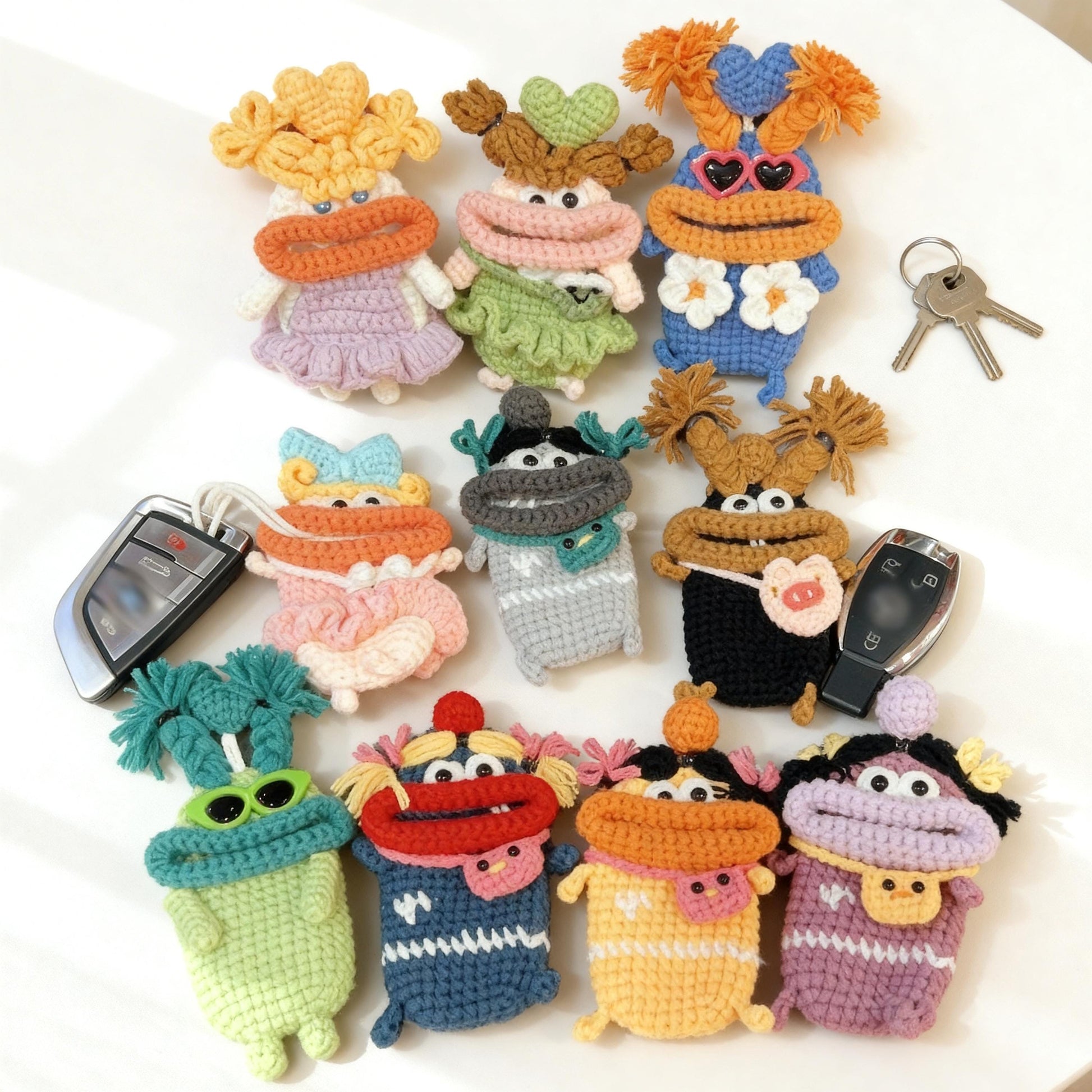Handmade Crochet Key Cover, Kawaii Amigurumi Keychain, Cute Ugly Bag Charm, Funny Sausage Lips Key Protector, Novelty Gift for Her Him