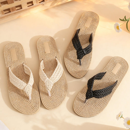 Handmade Crochet Linen Straw Flip Flops, Boho Beach Sandals, Woven Rope Thong Slippers, Summer Flat Slides, Vacation Espadrille Style Shoes