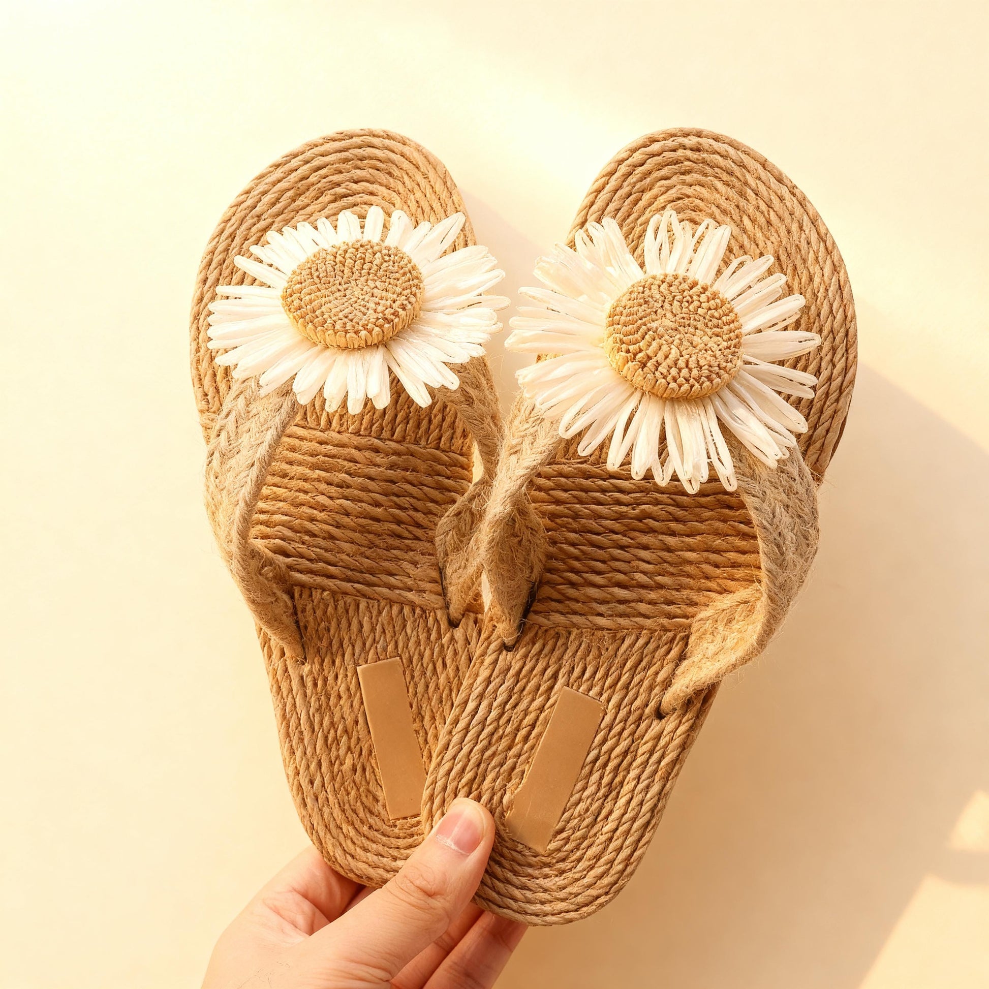 Handmade Crochet Linen Flip Flops, Straw Style Beach Slippers, Daisy Flower Thong Sandals, Summer Boho Women Slides, Vacation Shoes