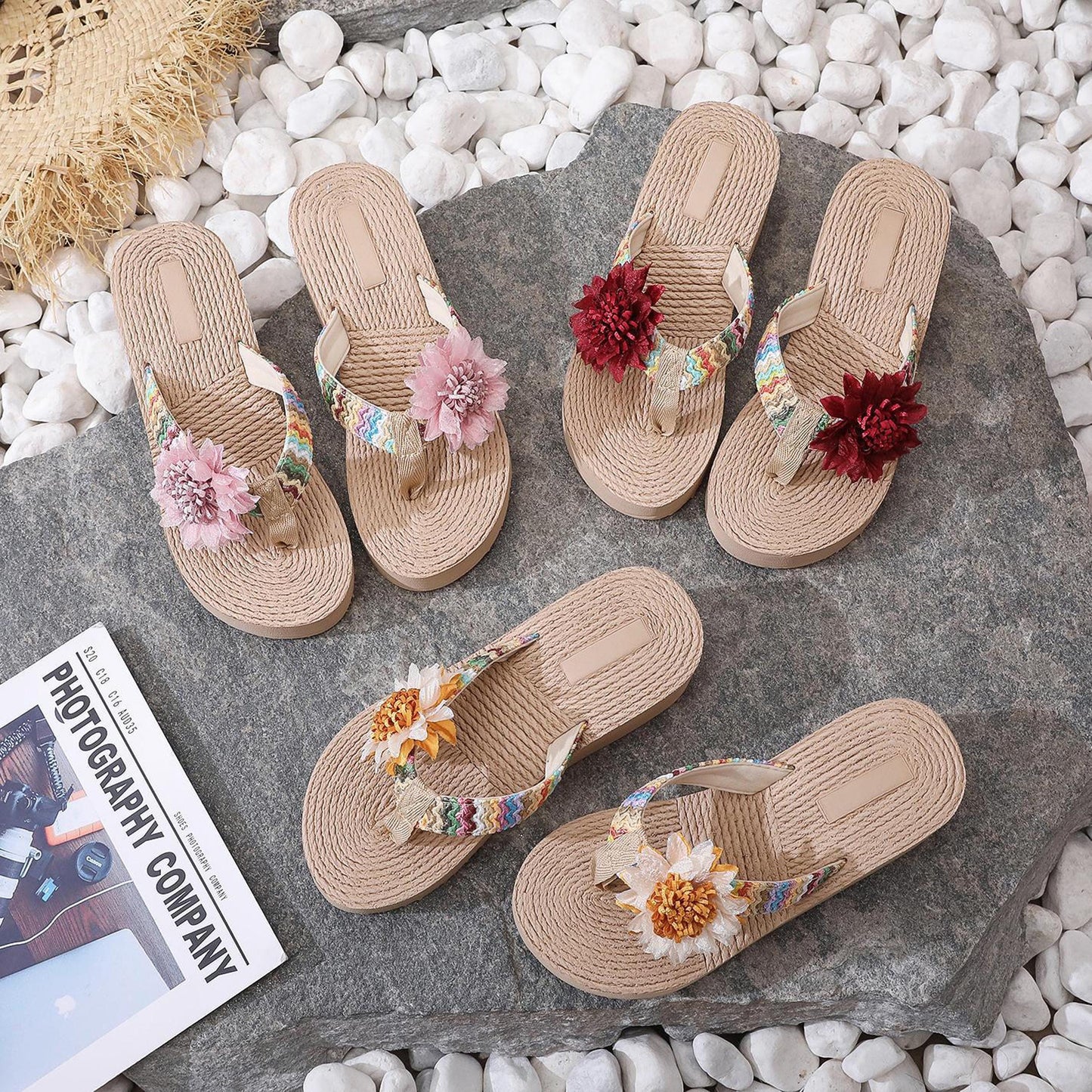 Handmade Crocheted PP straw Flip Flops, Floral Wedge Sandals for Women, Boho Beach Thong Slippers, Summer Straw High Heel Slides