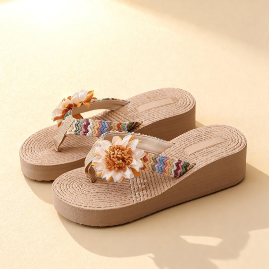 Handmade Crocheted PP straw Flip Flops, Floral Wedge Sandals for Women, Boho Beach Thong Slippers, Summer Straw High Heel Slides