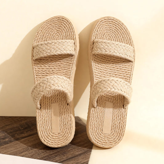 Handmade Crochet Linen Sandals Women, Minimalist Slide Sandals, Summer Beach Slippers, Boho Flat Espadrille Slides, Casual Resort Shoes