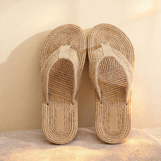 Handwoven Linen Flip Flops, Straw Style Sandals, Boho Beach Slippers, Summer Thong Sandals, Lightweight Casual Woven Slides for Women